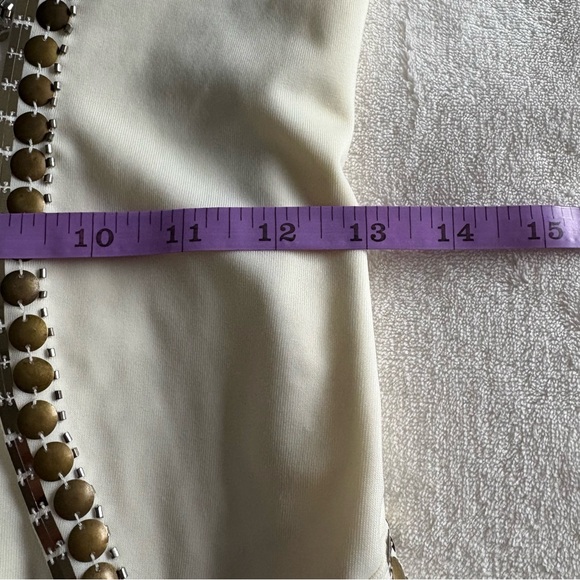 Bebe Cream Bodycon Sleeveless Mini Dress with Gold Studs & Sequins - Sexy Party - Picture 14 of 16